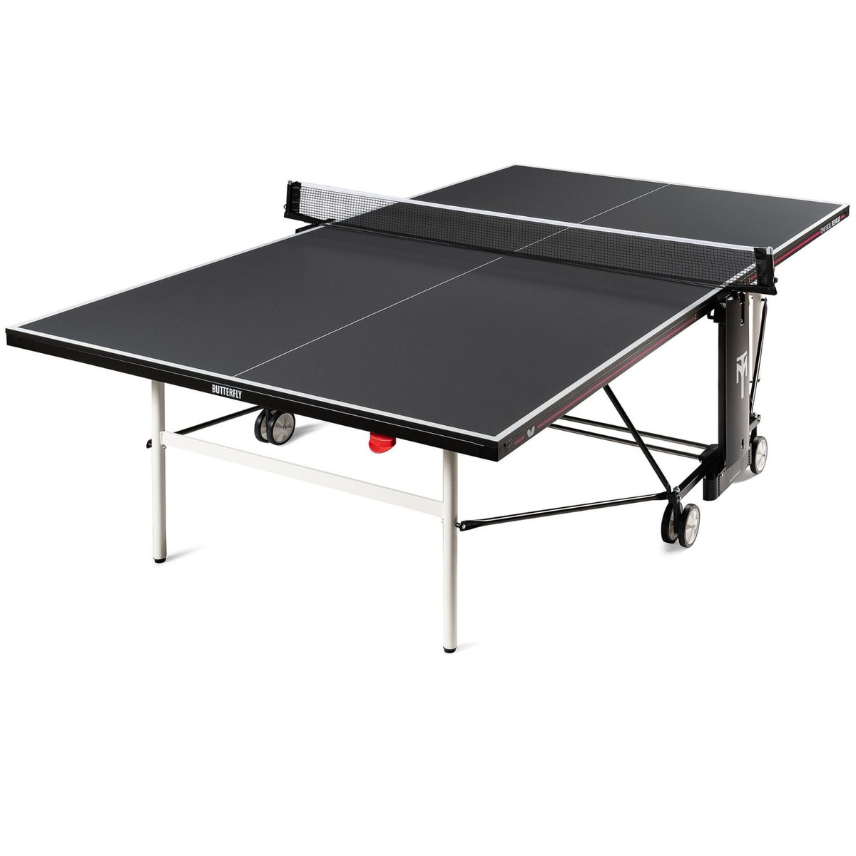 This Butterfly Timo Boll Repulse Indoor Ping Pong Table is new for 2020! It is pictured in the playing position. It comes with a 3-Year Warranty. Comes with an adjustable ping pong net set.